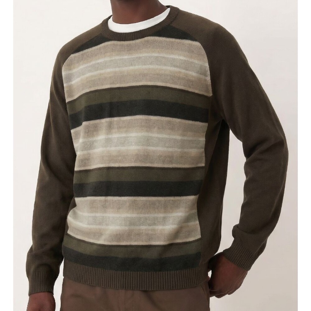 Claiborne Pullover Sweater Mens XL Horizonal Green Stripes Silk Blend Dad Core